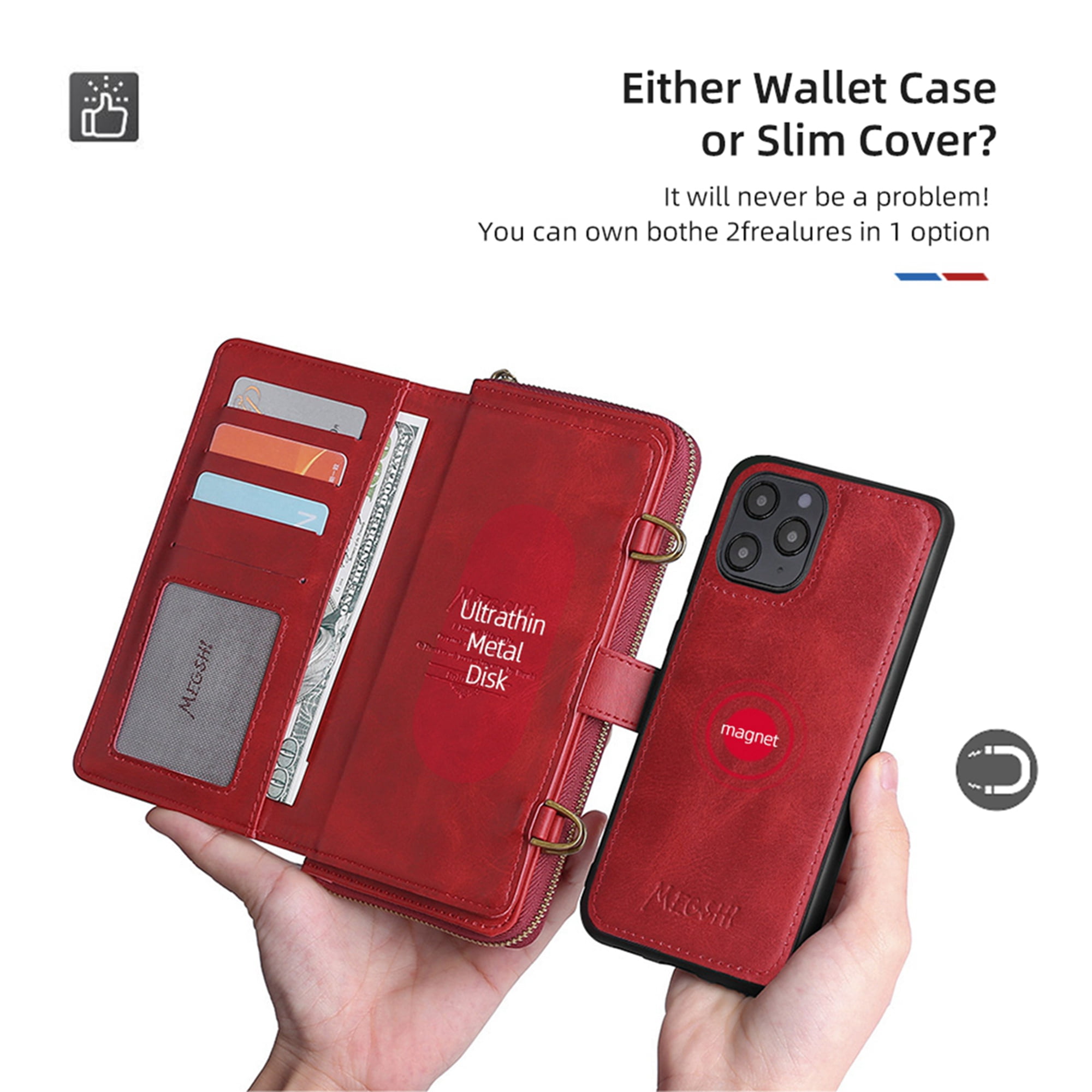 Dteck Wallet Case for iPhone 12 Pro / iPhone 12 6.1-inch, 2 in 1 Magnetic Detachable Wallet Purse [Crossbody Chain] Durable PU Leather Zipper Handbag Folio Flip Card Slot Protection Back Cover, Red