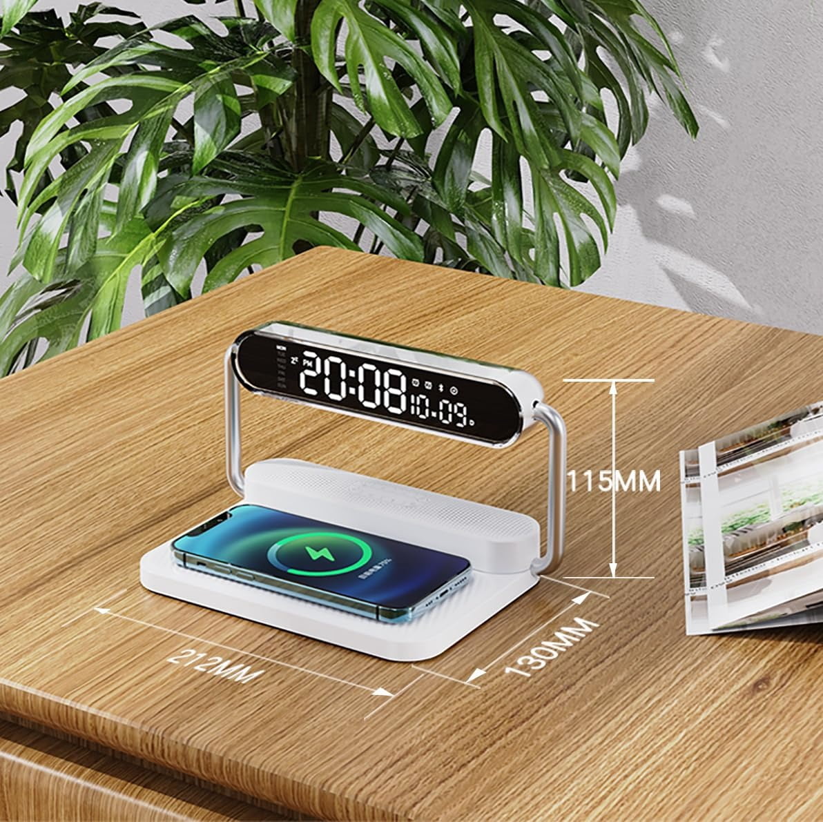 4-in-1 Smart Digital Alarm Clock – 15W fast wireless charger, LED display with auto DST & brightness adjustment, USB port, volume control. Ideal for bedroom, desk, nightstand