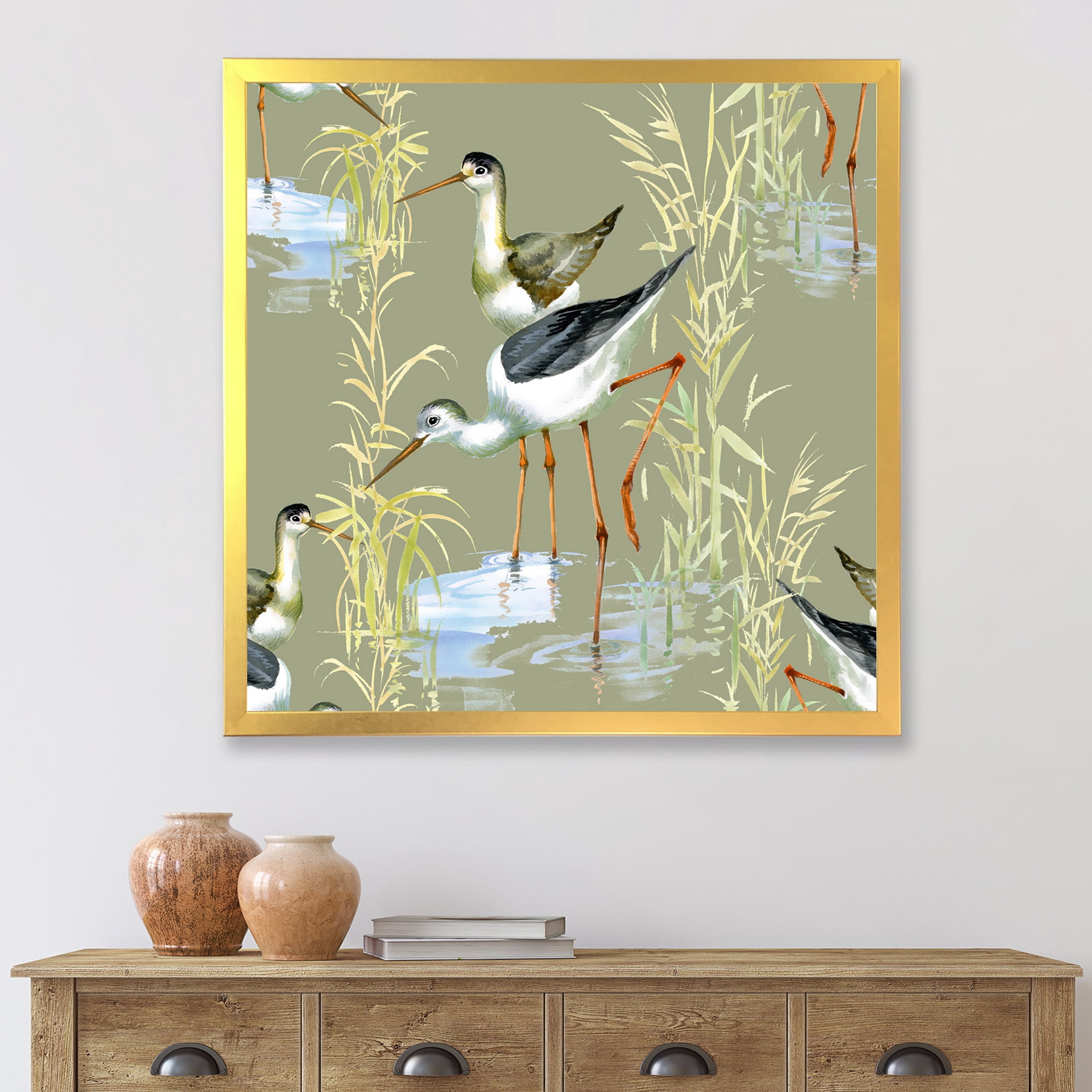 Designart 'Herons Birds In The Gray Water' Farmhouse Framed Art Print