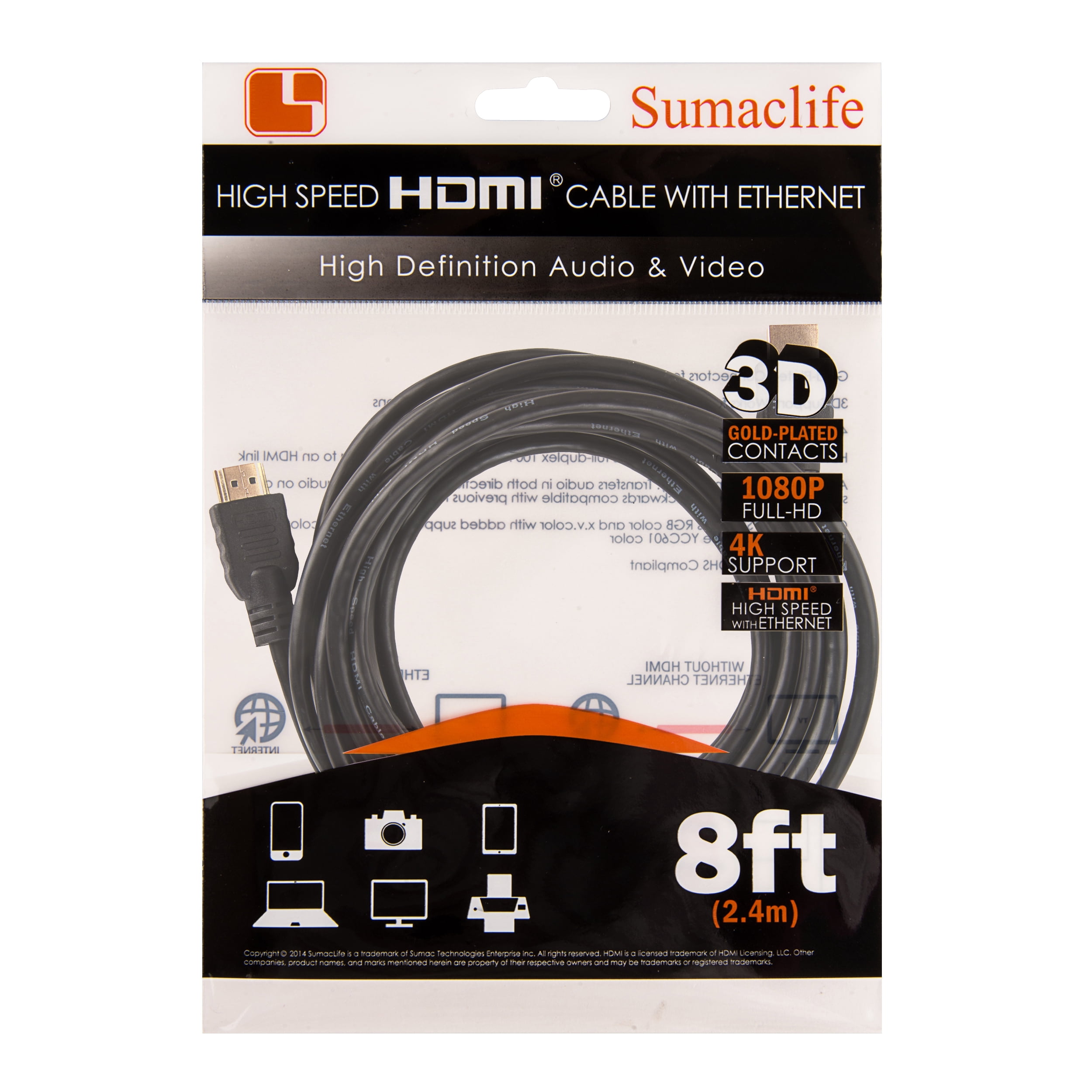 SUMACLIFE HDMI High Speed Male to Male 8 Feet Connector with Ethernet supports 1080p, 3D, 4k Ultra HD and HD Audio [For TVs, Computers, Gaming Consoles, etc.] (3 Pack)