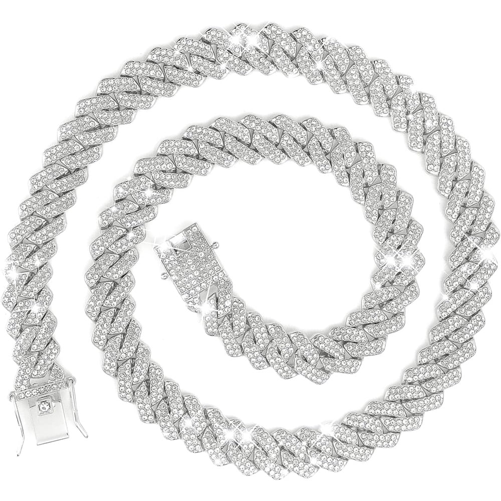 14MM Iced Out Cuban Link Chain, Silver Tone Plated Hip Hop Miami Cuban Chain Necklace for Men Women, 5A Cubic Zirconia Prong-Set Diamond Jewelry