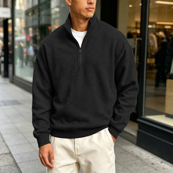 Domuza Mens Quarter Zip Lapel Collar Pullover Casual Lightweight Fleece Solid Color Comfort Soft Sweatshirt