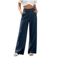 thumbnail image 2 of Qulqfy Linen Pants for Women Wide Leg Baggy Casual Petite High Waisted Button Navy Jogger Sweatpant XL, 2 of 8