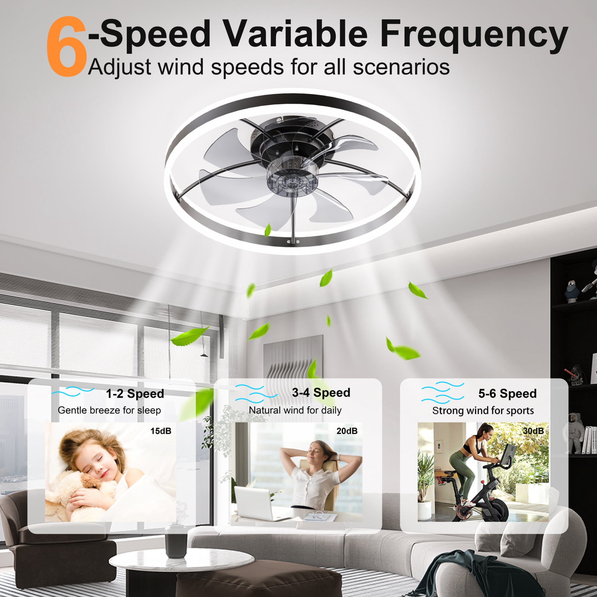Leumius 23.6"Smart Ceiling Fan with LED Light, 7 Blades Modern Metal Design, 6-Speed Quiet DC Motor, APP & Remote Control, Dimmable Light 3000K-6500K for Living Room Bedroom Black
