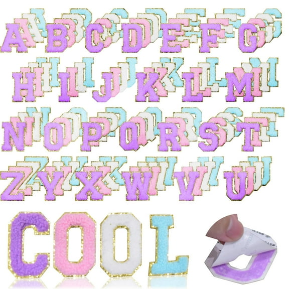 104 pcs Chenille Letter Patches, Iron-On Non-Dry Adhesive Chenille Stickers for Clothes and Hats, Floral Embroidery Patches in White, Pink, Purple, Blue, 2.2 Inches