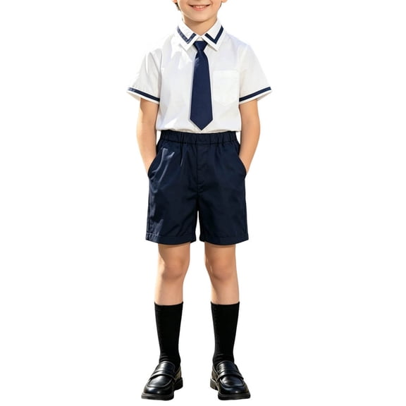 Ugoldhm 5PC School Uniform Set for Boys: White Short-Sleeve Shirt with Contrast Trim Elastic Knee-Length Suit Shorts with Socks Badge Tie