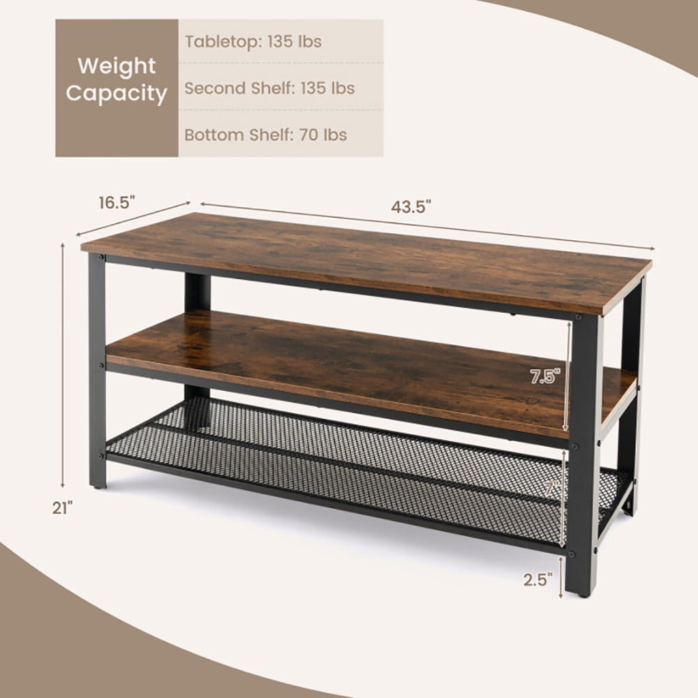 Finihen TV Stand, 3-Tier Industrial Entertainment TV Stand with Metal Mesh Shelf, Media Entertainment Center with Storage, for Living Room, Brown