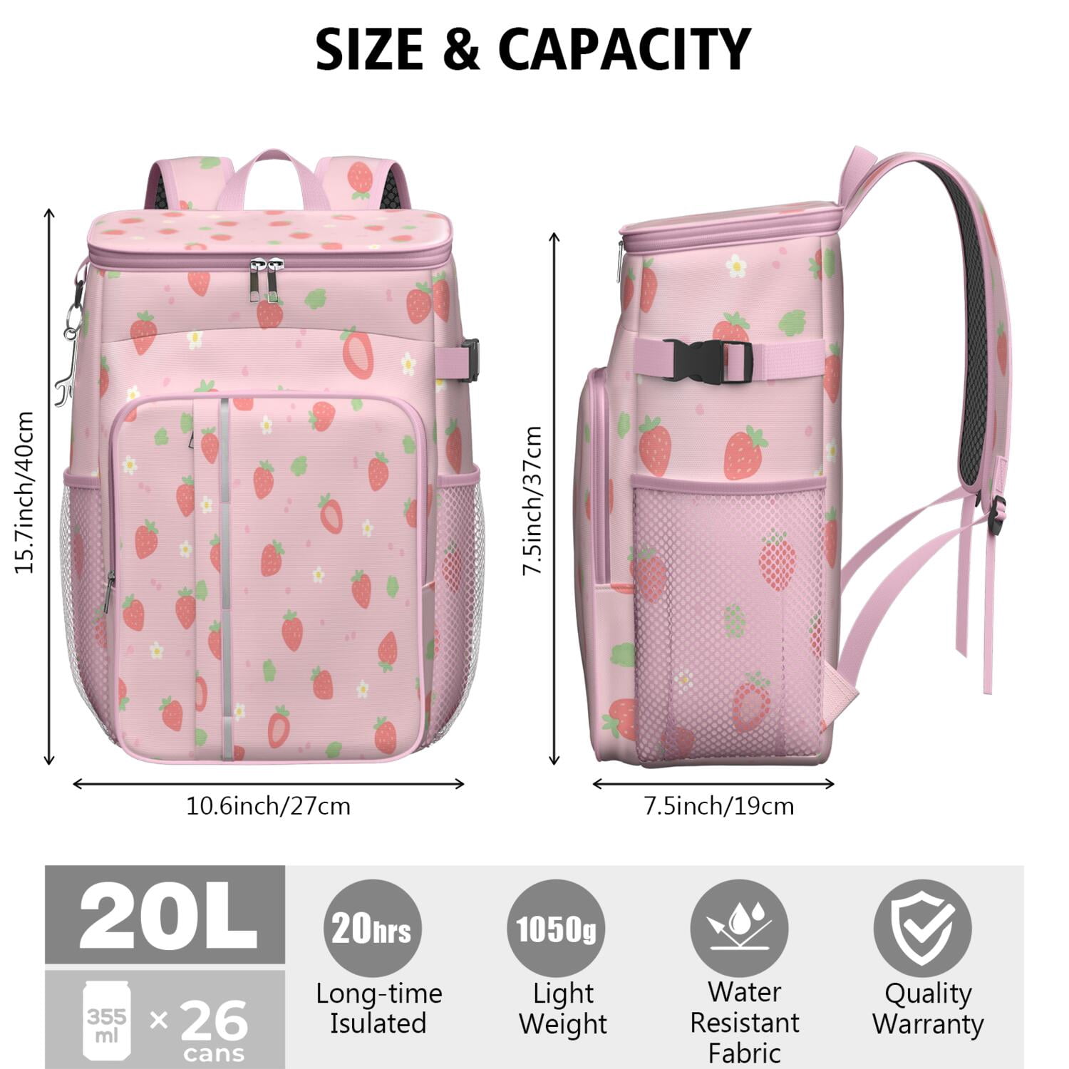 Camping Cooler Backpack Cans,Cooler Bag Insulated Leak Proof Travel Cooler Bag Waterproof Lunch Picnic Beach Work Trip Thermal Bag Drink Beverage Beer Bag Cooler Strawberry