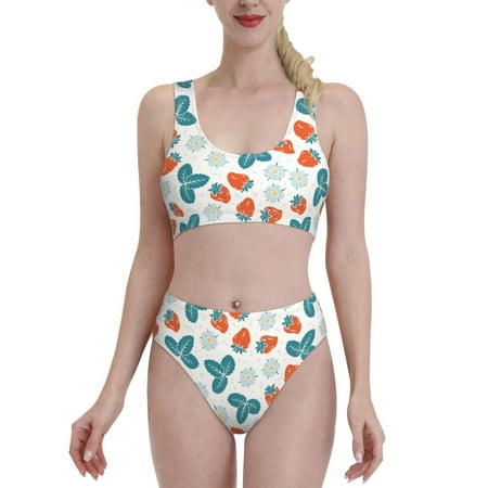 High Waisted Bikini Sets For Women  Cute Strawberry Light Blue Flower Two Piece Swimsuit Sporty Scoop Neck Bathing Suit