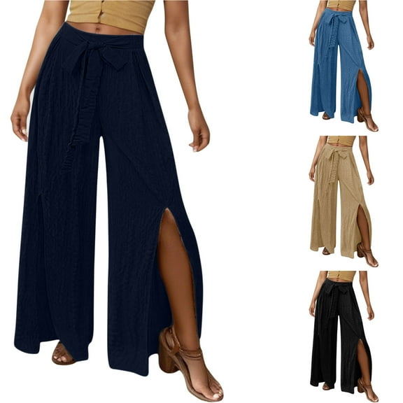 FRSASU Women's Wide Leg Pants Solid Color Beach Lightweight High Waisted Loose Slit Travel Pants Sun Protective Navy XL(XL)