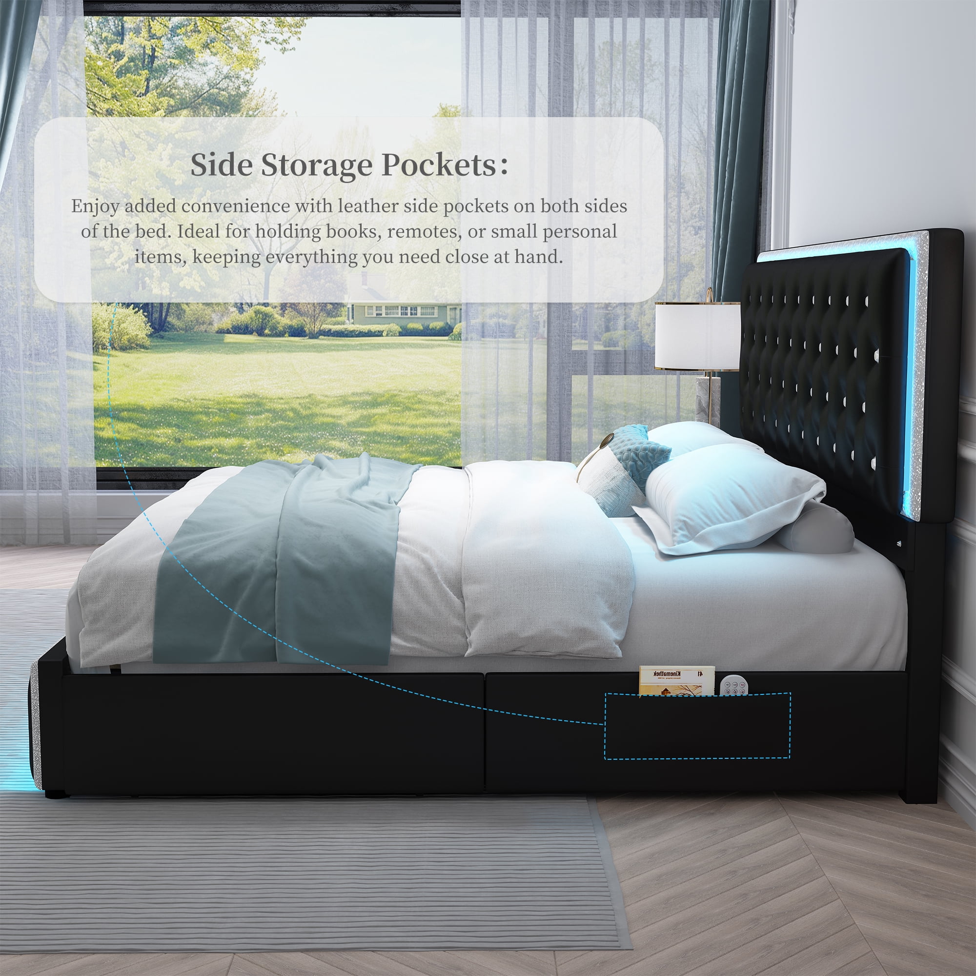 SIBEDS Queen Upholstered LED Bed Frame with 2 Storage Drawers, PU Leather Black Diamond Tufted Headboard, RGB Lights, Noise Free, No Box Spring Needed