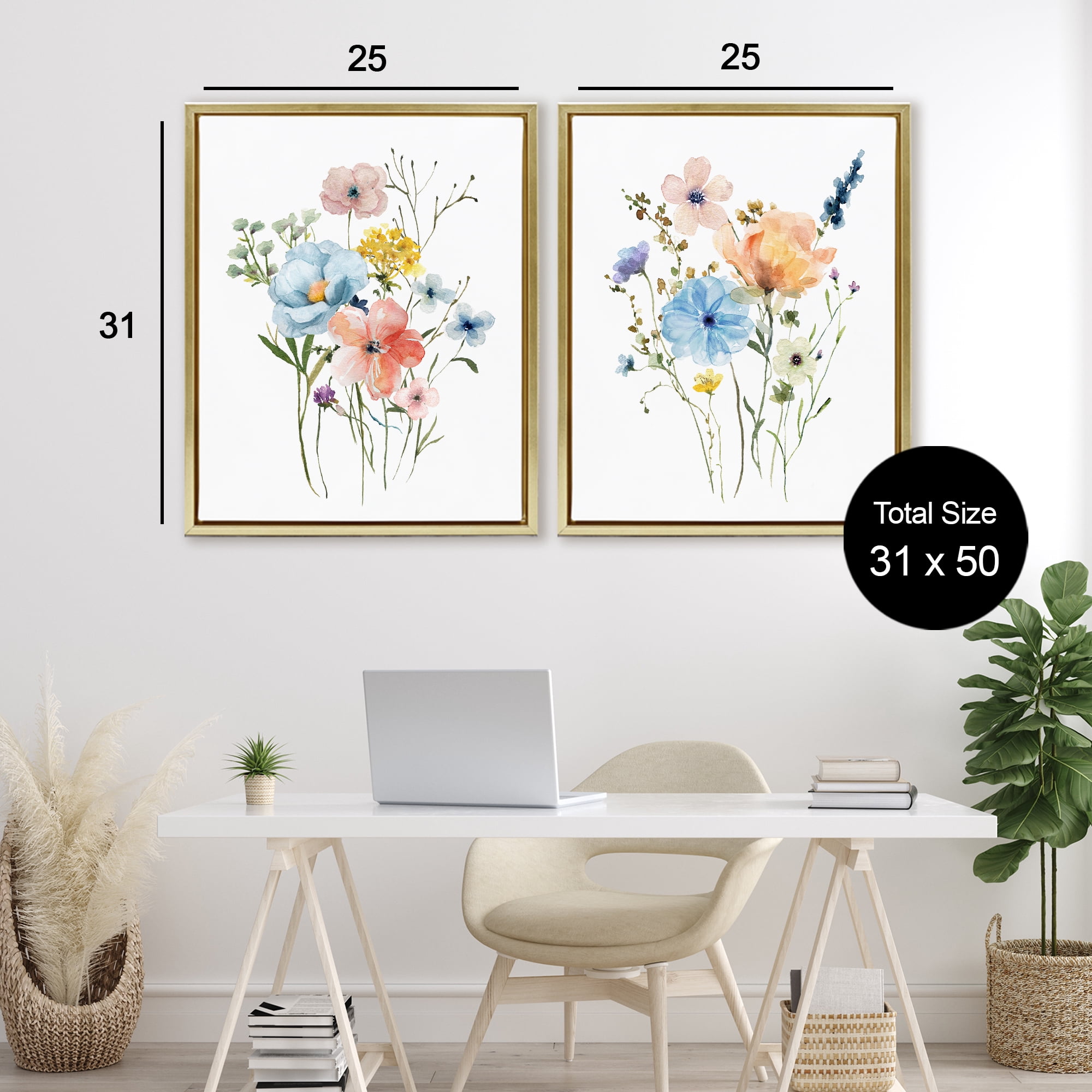 Stupell Industries Wildflower Sprig Bundles 2 Piece Gold Framed Floater Canvas Set, design by Livi Finn