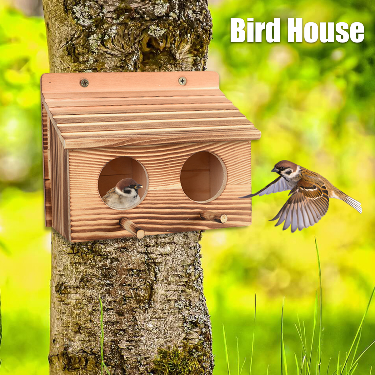 Everso Outdoor Hanging Bird Houses with 2 Holes Wooden Garden Bird House Room Handmade Hanging