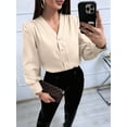 thumbnail image 4 of Women'S Business Casual Tops Summer Long Sleeve Button Down Shirts V Neck Chiffon Blouses Apricot L, 4 of 8