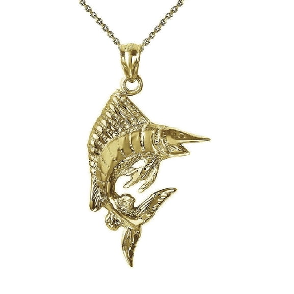 925 Sterling Silver Yellow Gold Plated 1mm Cable Chain Necklace w/ Sailfish Marlin Pendant Charm