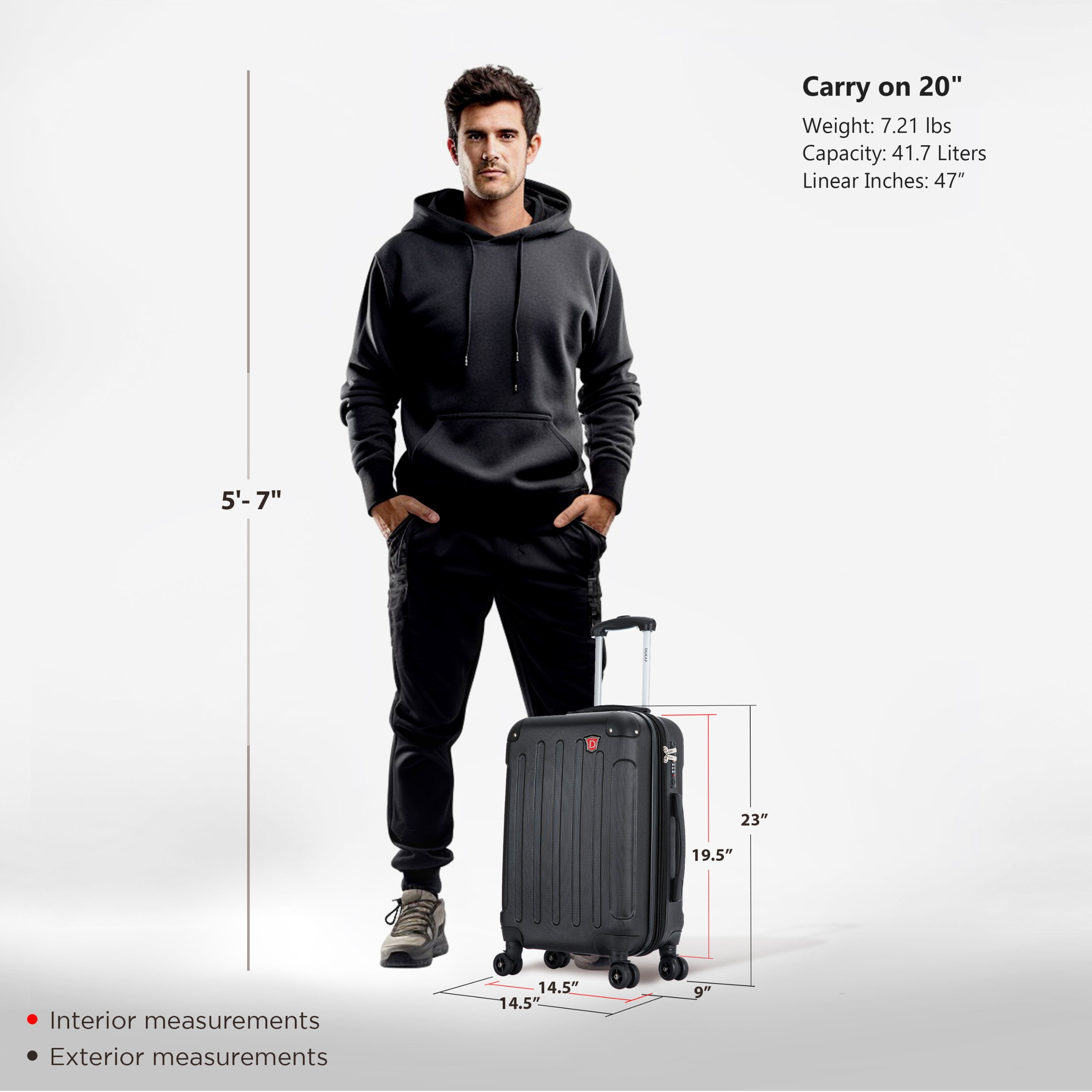 DUKAP Intely 20" Hardside Lightweight Carry-on Luggage with Spinner Wheels and USB Port, Black