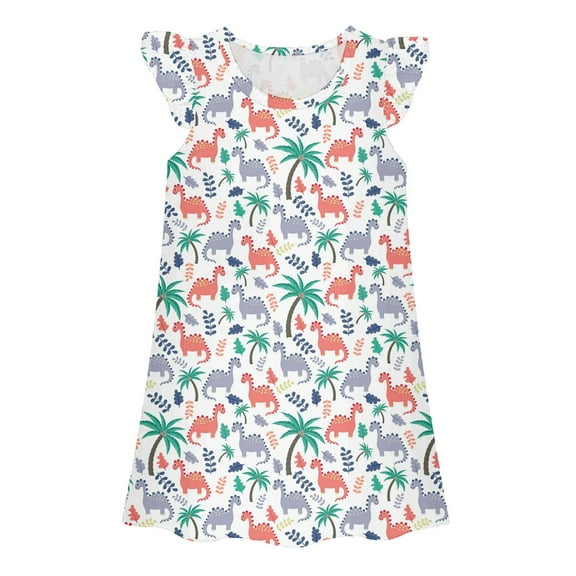 WOYY Toddler Girls Summer Casual Dress Dinosaur Print Flutter Sleeves Dress, Sizes 3-4Y