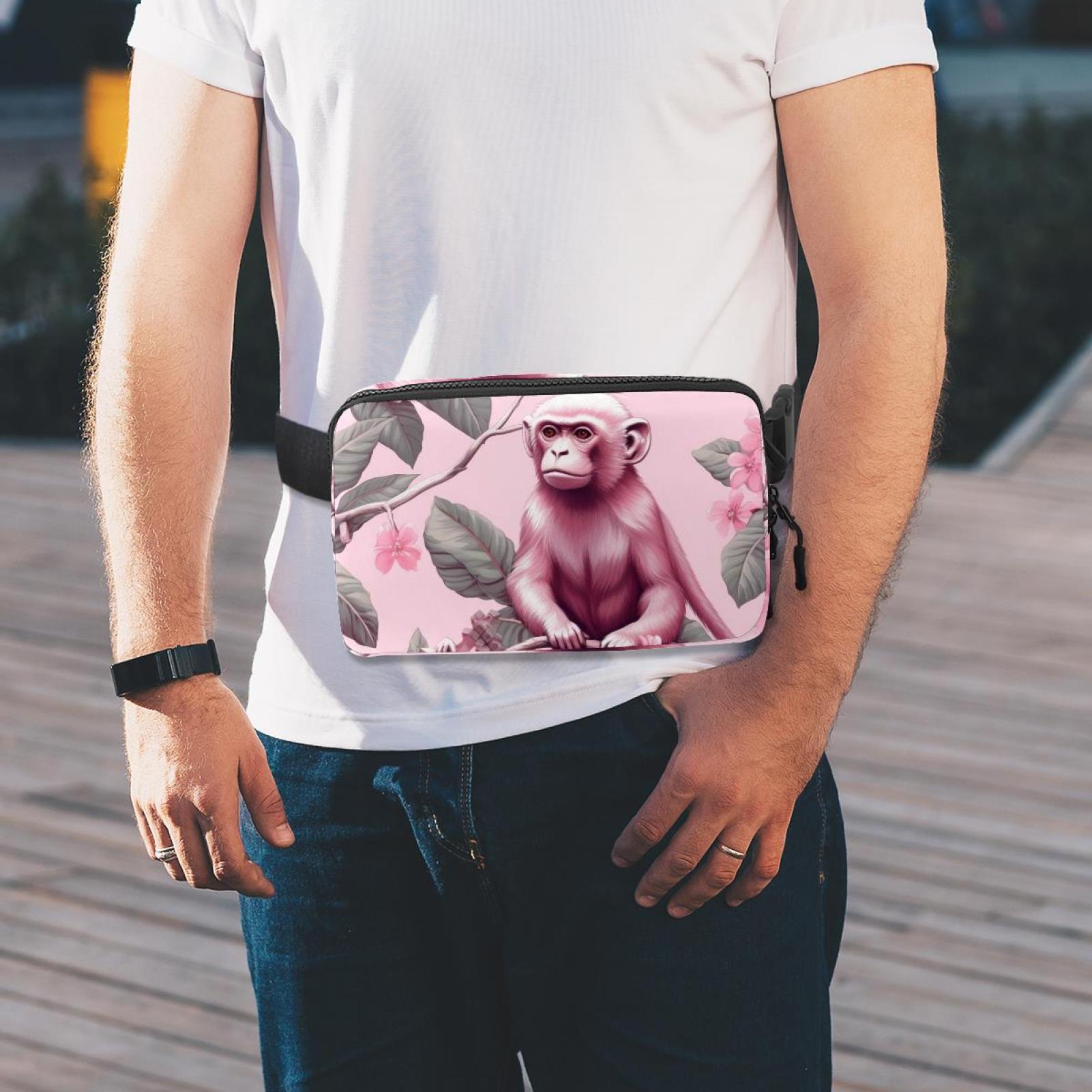 Pink monkey orangutan Lightweight Adjustable Fanny Bag Running Belt Waist Pack with Extension Strap Unisex