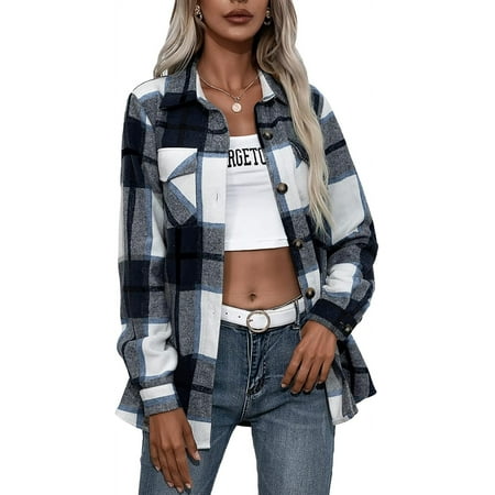 

Yazoeiaing Plaid Jacket Women Plaid Jacket Autumn Winter Loose Casual Sleeve Turn Down Collar Button Closure Coat Outerwear STI-775