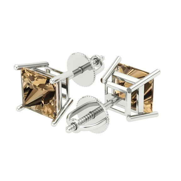 3 Ct Princess Cut Studs Champagne Crystal 14K White Solid Gold Everyday Dainty Earrings Screw Back