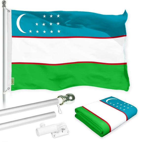 G128 Combo Pack: 6 Ft Tangle Free Spinning Flagpole (Silver) & Uzbekistan Flag 3x5 Ft Printed 150D Polyester, Brass Grommets (Flag Included) Aluminum Flag Pole