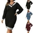 thumbnail image 2 of Women's Plus Size Sweater Dress, Fall Winter Cozy V Neck Long Sleeve Casual Color Block Knitted Dresses, 2 of 5