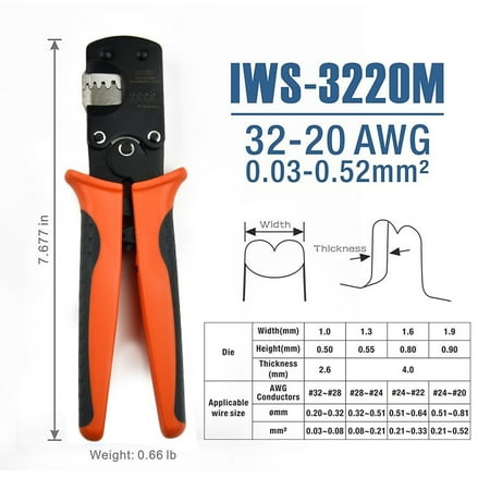 

Micro Connector Pin Crimping Tool 0.03-0.52mm虏 32-20Awg Ratcheting Crimper