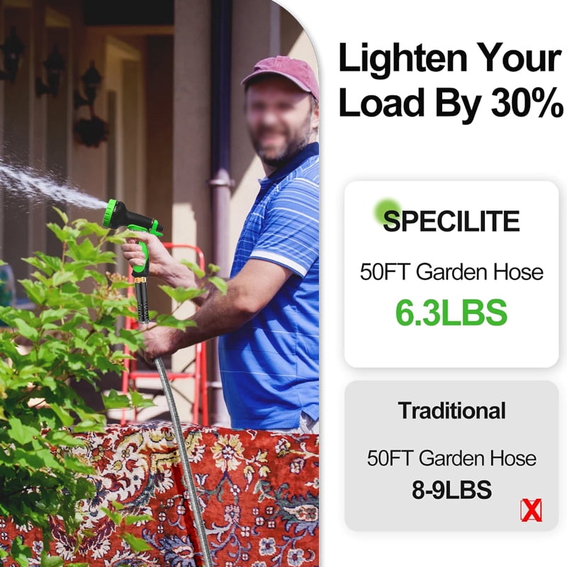 Garden Hose 50ft, Heavy Duty Stainless Steel Water Hose with 10 Functional Nozzles, No Kink, Lightweight and Flexible, Easy to Use and Store, Strong and Sturdy, Suitable for Yard and Lawn