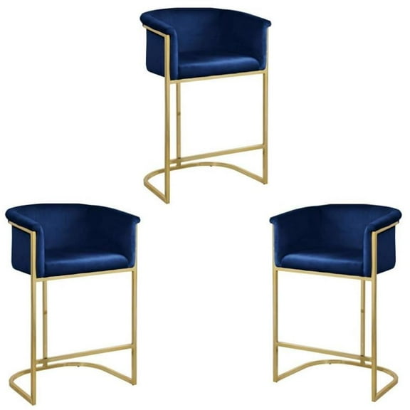 Home Square 3 Piece 27" Velvet Counter Stool Set with Gold Metal Base in Navy