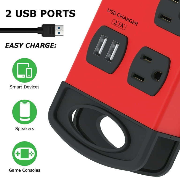 Utroskab Skibform dom Digital Energy DEE1-1134 8-Outlet Metal Surge Protector Power Strip with 2 USB  Ports (Red/Black, 15-Foot Cord) - Walmart.com