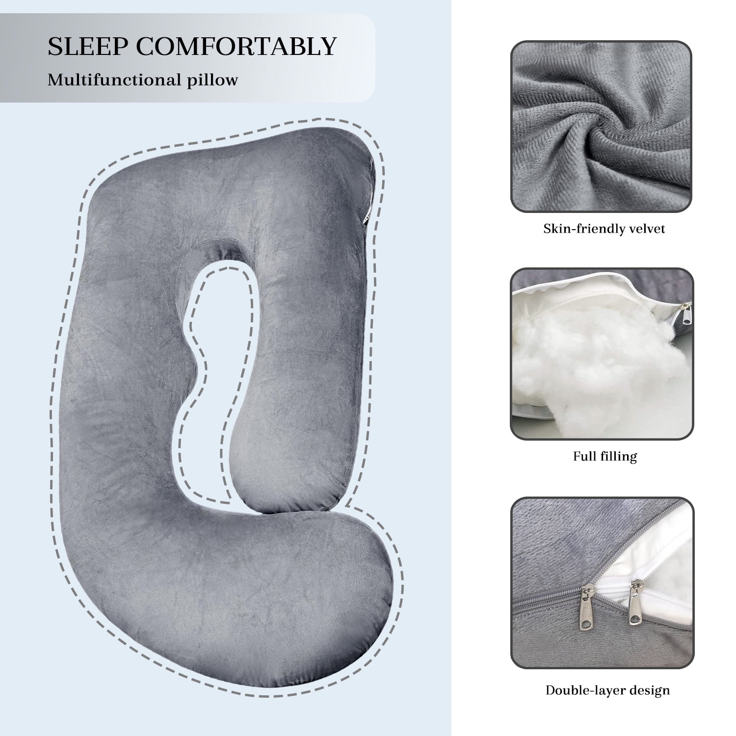 AFGFUF J-Shaped Pregnancy Pillow, 63" x 19.6" Full Body Maternity Support Pillow for Back, Hip & Belly Relief, Grey