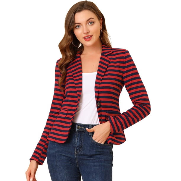 INSPIRE CHIC Blazer a rayas con cierre de botón y bolsillo con solapa con muesca para mujer rojo azul M