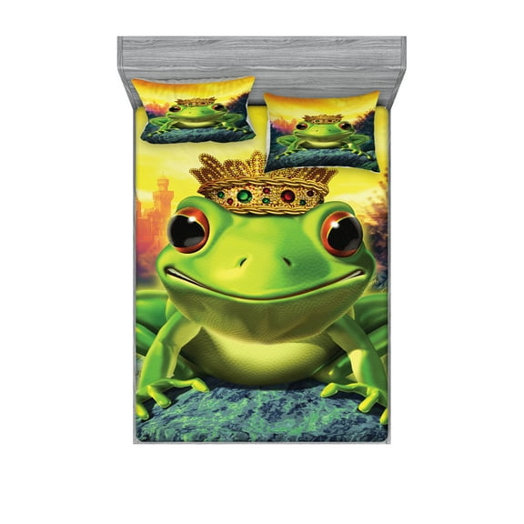 Ambesonne Animal Fitted Sheet & Pillow Sham Set, Frog Prince with Crown, Queen, Green Yellow