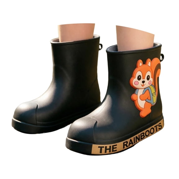 Angala Rain Boots For Boys Lightweight Mid Calf Cartoon Appliques Waterproof Wet Weather Outdoor Dailywear Rain Boots For Girls Size 2-2.5 Years Black