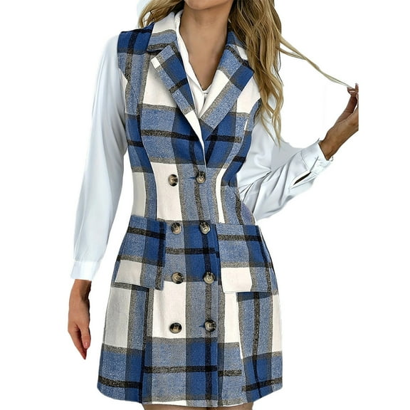 QASIEATN Fall Coats for Graceful Ladies Fashion, Plaid Vest Dress Lapel Double Breasted Suit Dresses Fall Sleeveless Cardigan Jacket Dress, Womens Winter Tops