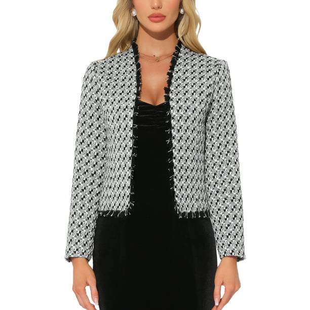 Blazer de tweed a cuadros INSPIRE CHIC para mujer, con mangas largas y diseño abierto, color negro