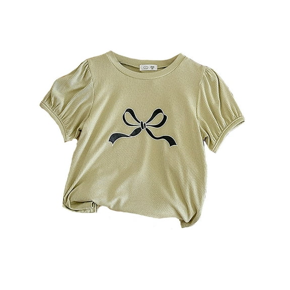 MIXUE Baby Girls Tops & T-Shirts Summer Cute Bowknot Print Crew Neck Short Sleeve Fashion Casual T Shirts Activewear,Green,18-24 Months