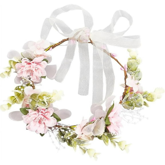 Floral Wreath Headband Cloth Pink Flower Green Leaf Crown Garland Headbands Hair Garland Accessories Headpieces with Silk Ribbon for Bohemian Bridal Women Girls Wedding Party Festival