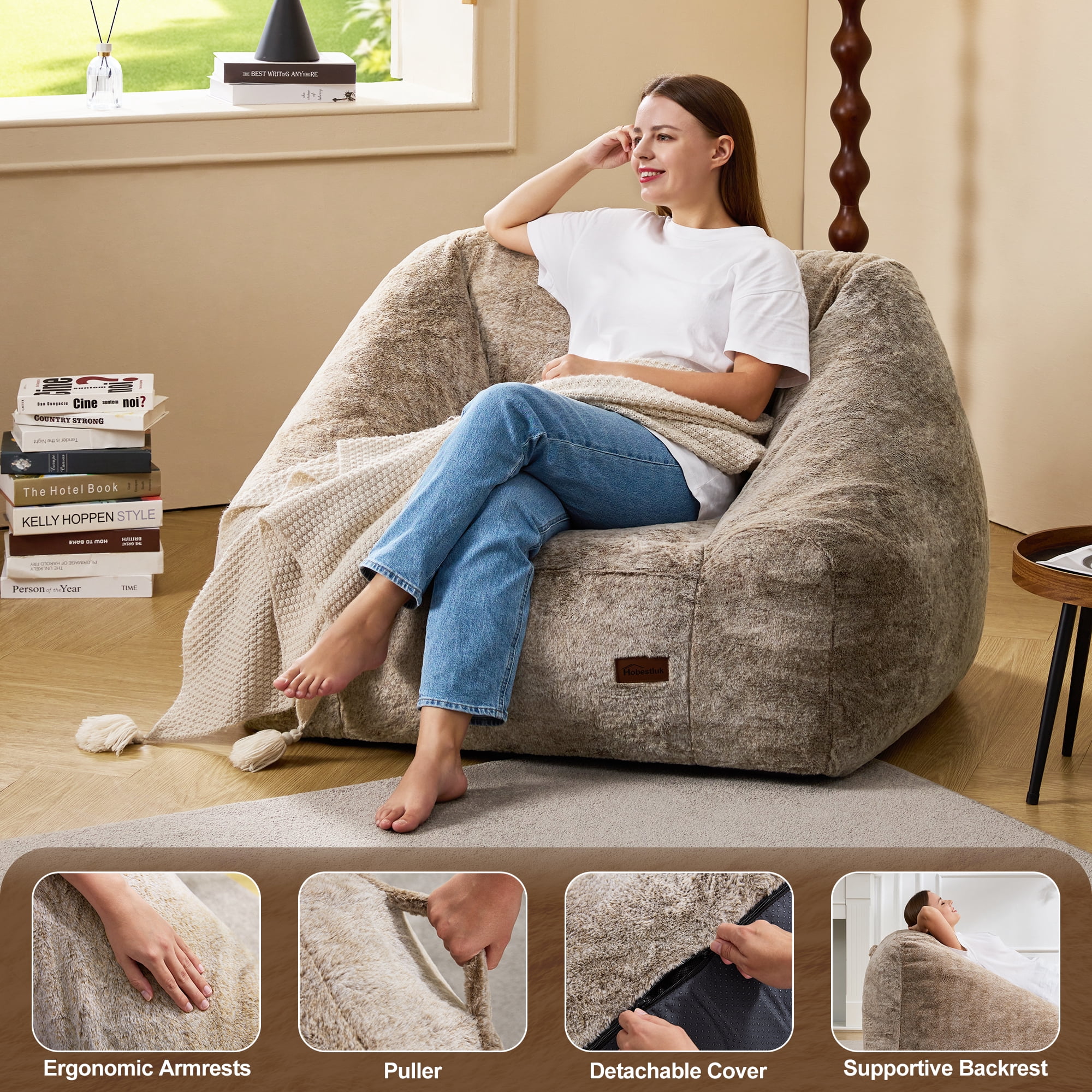 Hobestluk Oversized Bean Bag Chair for Adults with Filler, Large Cozy Reading Chair, Comfortable Lounge Chair for Living Room and Bedroom (Brown Two-Tone)