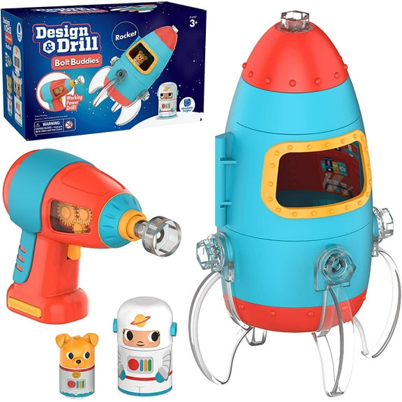 Educational Insights Design & Drill Bolt Buddies Rocket Play Set Take Apart Toys with Electric Drill & 15 Pieces, STEM Toy for Ages 3 