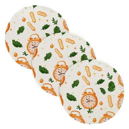 

Vintage Clock and Leaves Coil Dish Mat Set 3 Pack 15 Round Heat-Resistant Durable Soft Polyester