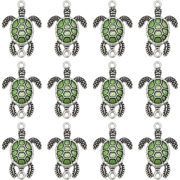 40Pcs Enamel Sea Turtle Pendant Links Double Loops Ocean Animal Tortoise Platinum Plated Sea Turtle Charm Links for Jewelry Making Hole: 1.6mm Green DIY