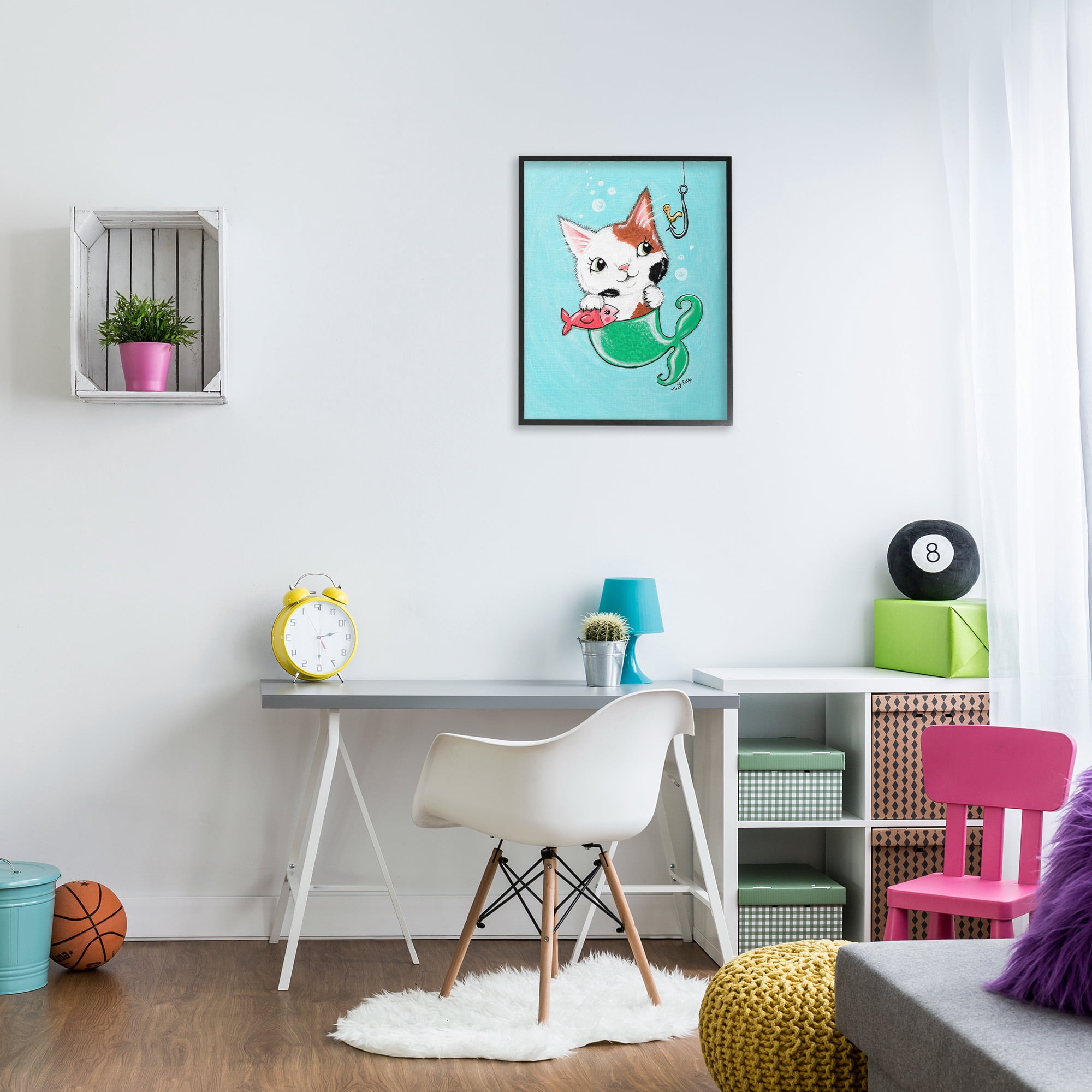 Stupell Industries Mermaid Cat with Fish Animals & Insects Painting Black Framed Art Print Wall Art, 24 x 30