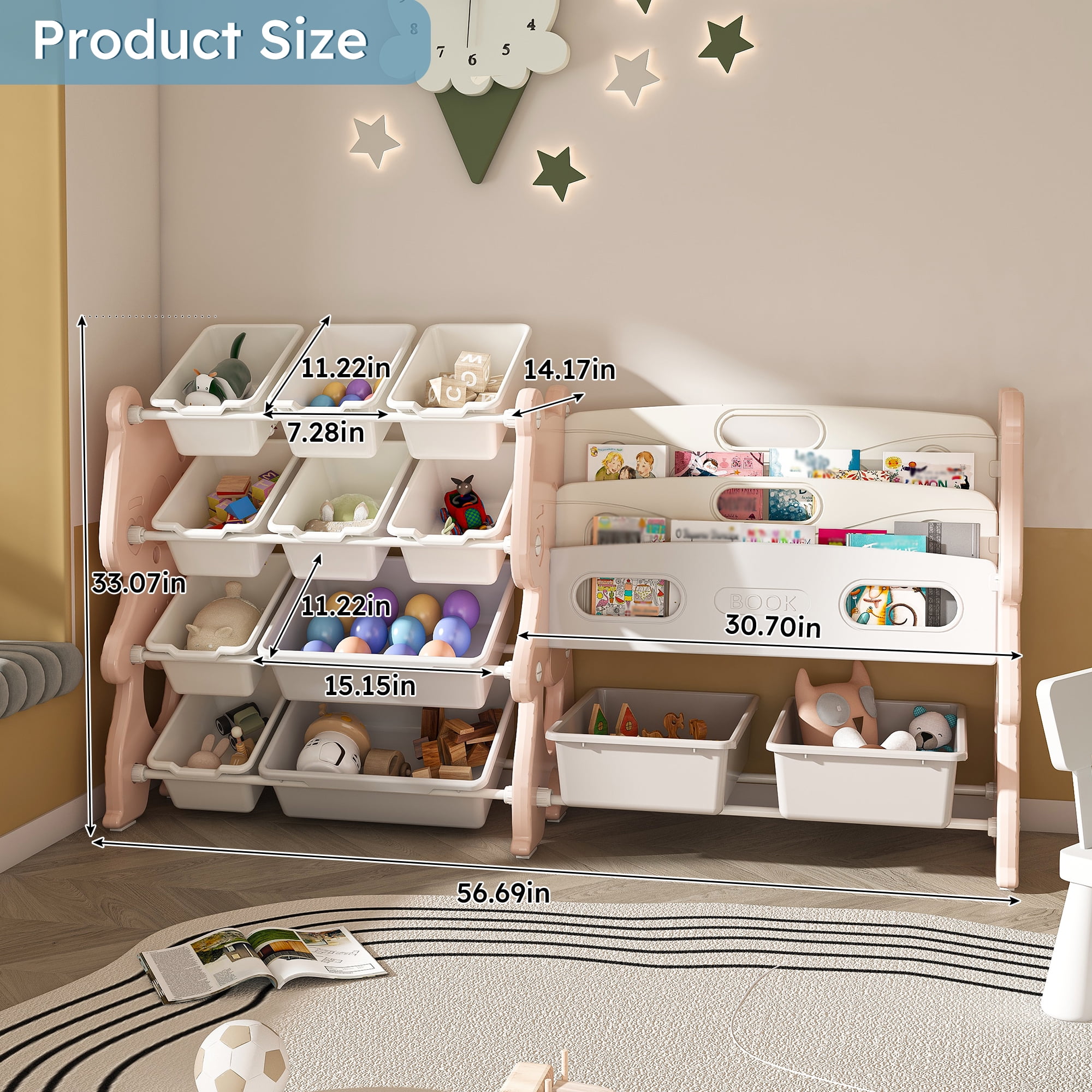 Montary 2-in-1 Kids Storage Rack w/ 12 Bins & 2-Tier Shelf - Playroom/Bedroom Organizer (Pink)