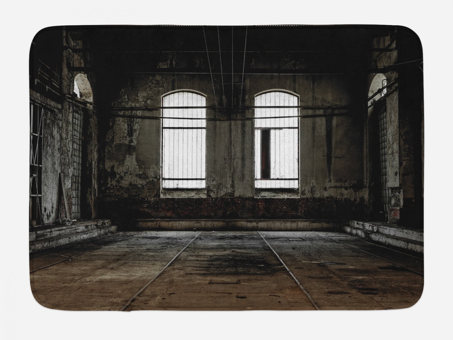Industrial Bath Mat, Vintage Style Grunge Floor Walls and Windows Messy