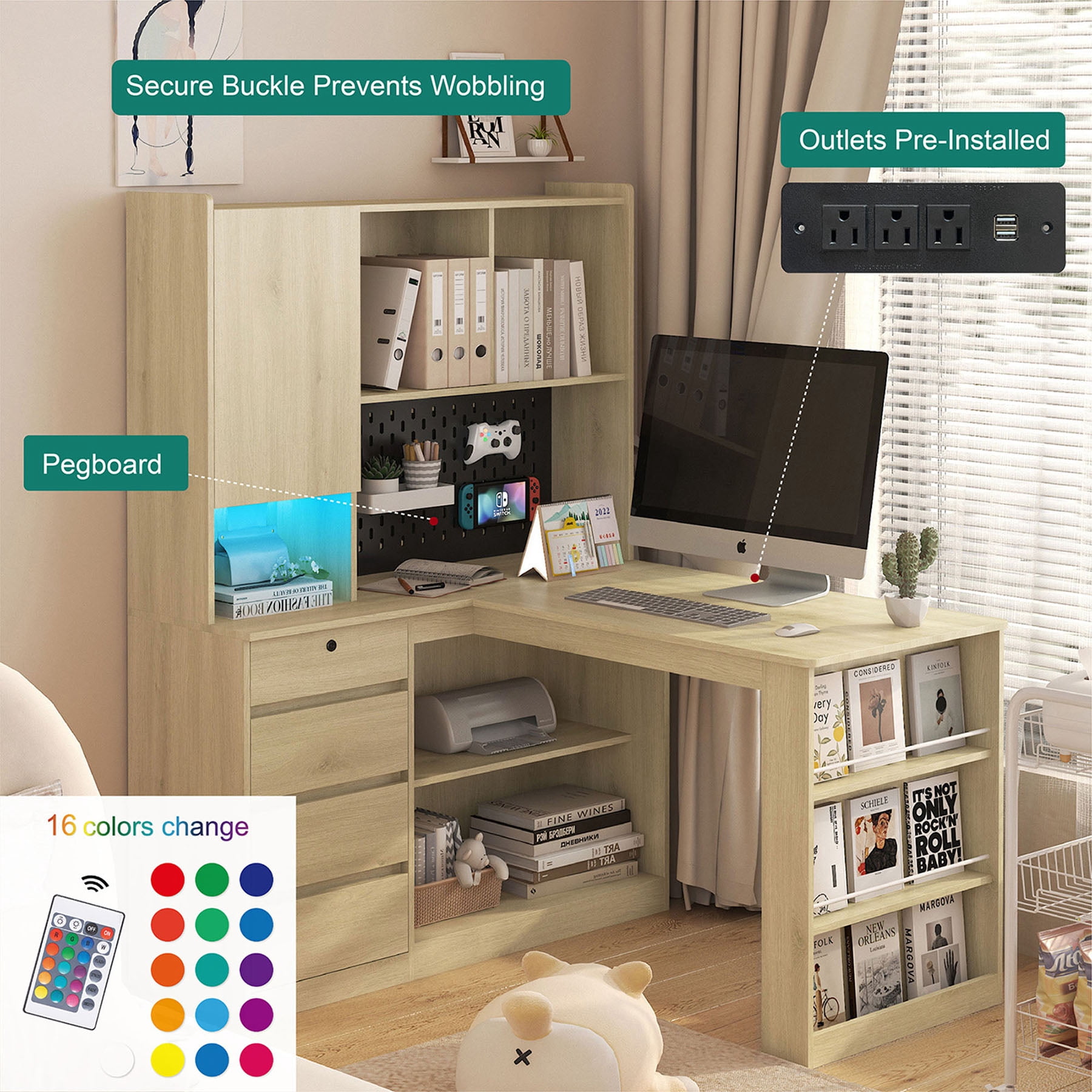S-HOME L Shaped Desk With Charger And LED Light,  Home Office Desk With Drawers And Bookshelf, Corner Gaming Desk