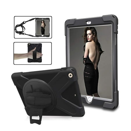 Loop Strap For Ipod 5 iPad 9.7 Case by KIQ Heavy Duty Shield Rotating Palmstrap Kickstand Shoulder Strap Tempered Glass Screen Protector Cover For Apple iPad 9.7-inch 5th 6th Gen (Black) ()
