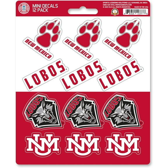 University of New Mexico Lobos 12-Piece Mini Decal Sticker Set, 5x6 Inch Sheet, Gift for football fans for any hard surfaces around home, automotive, personal items