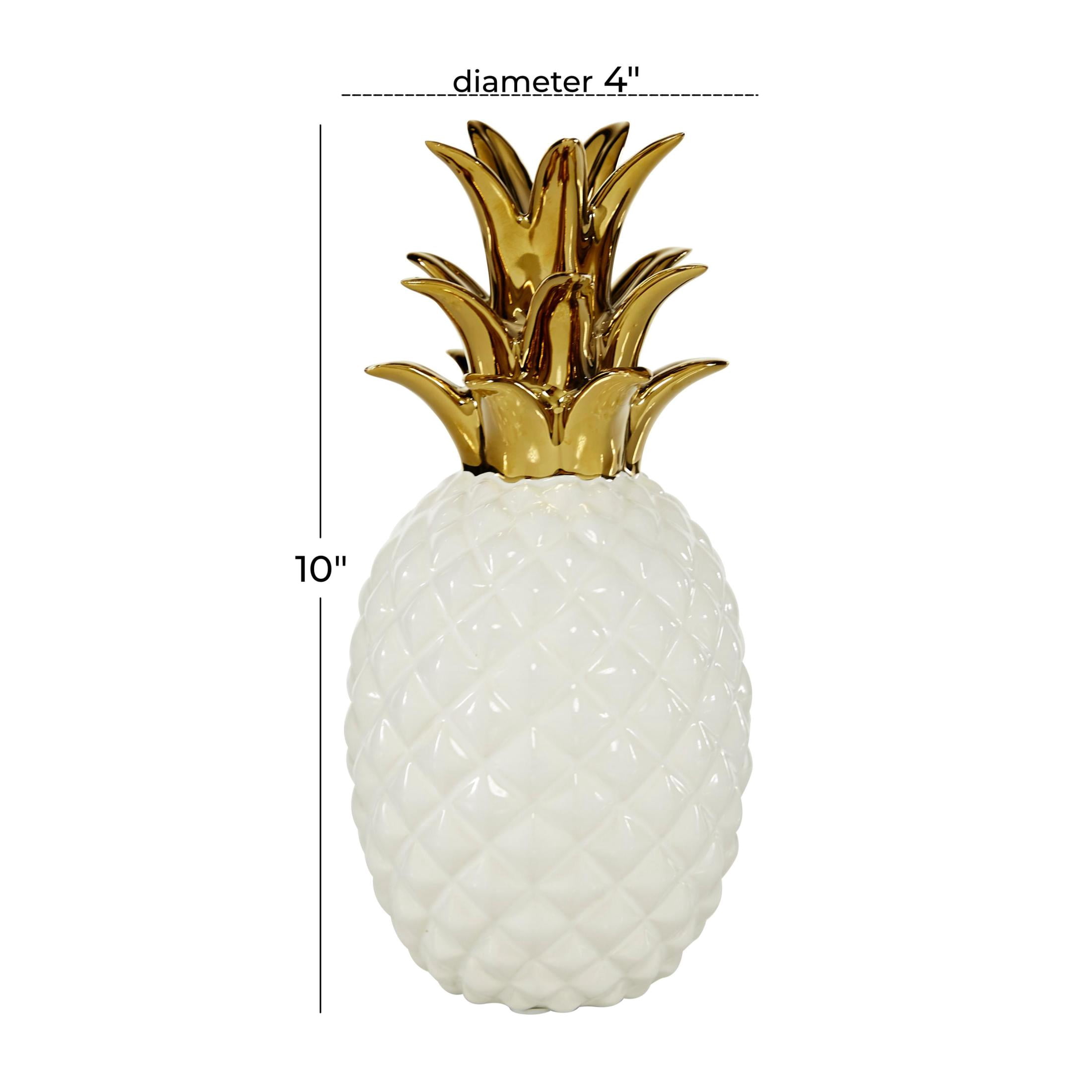 4" x 10" White Porcelain Ceramic Faceted Pineapple Fruit Sculpture with Gold Leaves, by CosmoLiving by Cosmopolitan