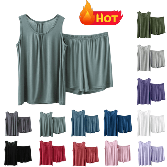 lcziwo Womens Summer Pajama Set Plus Size Modal Pajamas Solid Color Wide Strap Tank Top and Elastic Waist Short 2 Piece Outfit Green XXXL